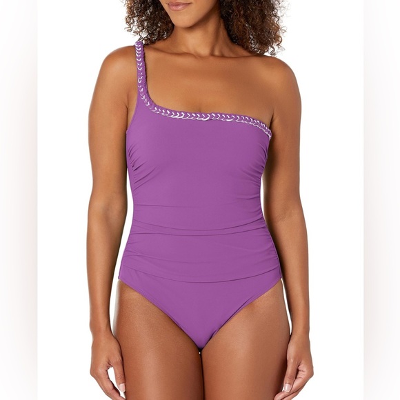 Profile By Gottex Women's Standard Kundala Shoulder Ruffle One Piece,Warm Purple - Picture 1 of 6